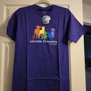 Welcome diversity tee. Dog is good